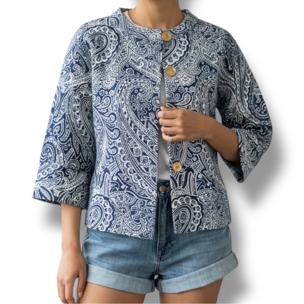J. McLaughlin Blue White Paisley 3/4 Sleeve Sweater Jacket sz S
